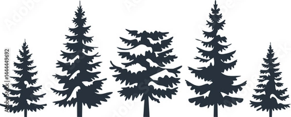 Fototapeta Vector Illustration of Silhouetted Pine Trees in a Minimalist Black and White Design, Stylized Coniferous Forest with Ink Stamp Texture and Nordic Woodland Motif

