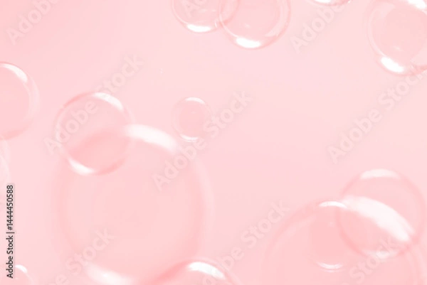 Fototapeta Beautiful Pink Soap Bubbles Floating in The Air. Celebration Festive Backdrop. Freshness Soap Suds Bubbles Water. Pink and White Gradient Textured.	
