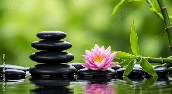 Fototapeta A serene scene featuring stacked black Zen stones, a vibrant pink water lily, and fresh green bamboo reflected in calm wate