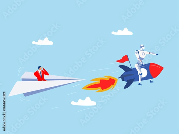 Fototapeta Artificial Intelligence robot right direction riding fast rocket to win against other origami airplane.Leadership to win business competition, winner or competitive advantage to success in work vector