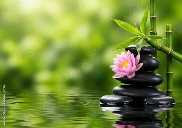 Fototapeta Black Zen stones are carefully stacked near a blooming pink water lily and green bamboo leaves, all mirrored on a tranquil water surface.