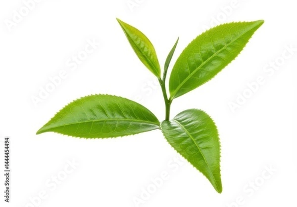 Fototapeta A close up view of a young tea plant with bright green leaves against a white background in studio light