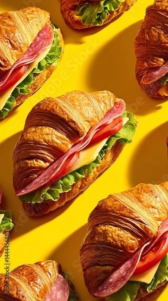 Fototapeta Close-up of gourmet croissant sandwiches with crispy layers, salami, lettuce, tomato, and cheese on a vibrant yellow background. Warm, cinematic lighting highlights mouthwatering textures