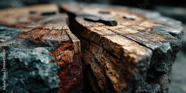 Fototapeta Beautiful Textured Wood Section on Dark Background