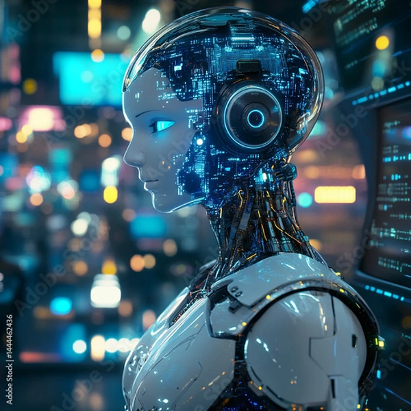 Obraz Abstract Futuristic Robot Design – High-Tech Concept with Metallic Elements, Glowing Lights, and Sci-Fi Aesthetic in a Digital Environment