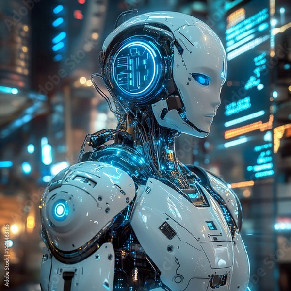 Obraz Abstract Futuristic Robot Design – High-Tech Concept with Metallic Elements, Glowing Lights, and Sci-Fi Aesthetic in a Digital Environment