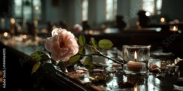 Fototapeta Candle and Rose in a Serene Church Setting