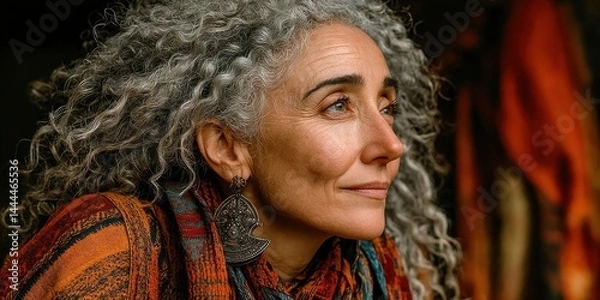 Fototapeta Charming Woman with Curly Silver Hair in a Colorful Setting