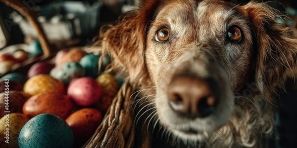 Fototapeta Cheerful Dog with Colorful Easter Eggs