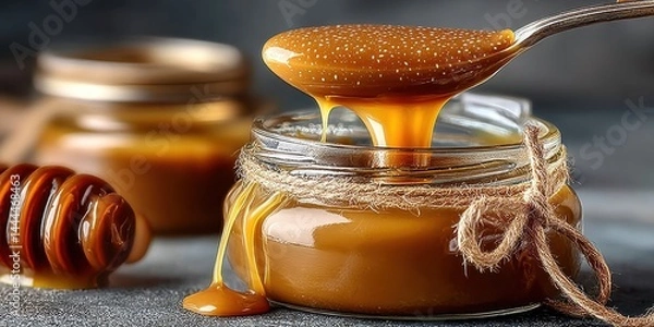 Fototapeta Close-Up of Rich Dulce de Leche Drizzling from a Spoon