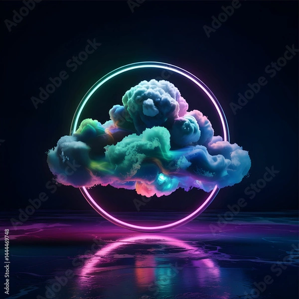 Fototapeta 3d render, abstract cloud illuminated with neon light ring on dark night sky. Glowing geometric shape round frame