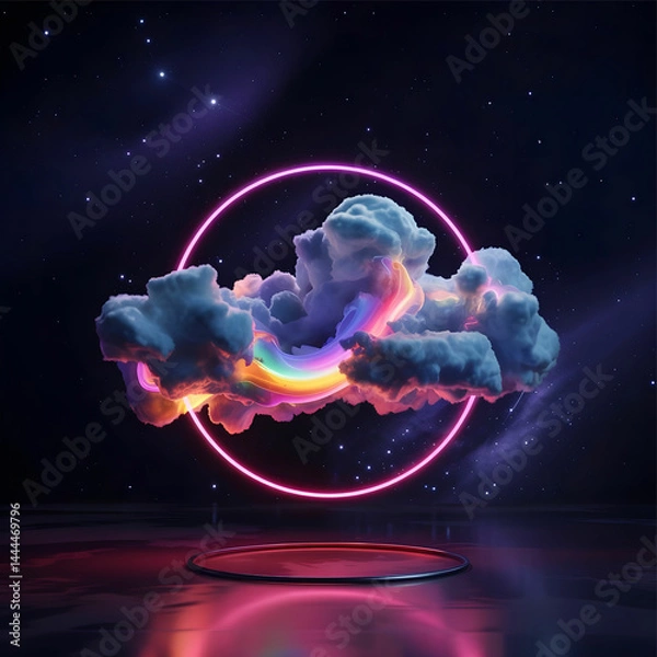 Fototapeta 3d render, abstract cloud illuminated with neon light ring on dark night sky. Glowing geometric shape round frame