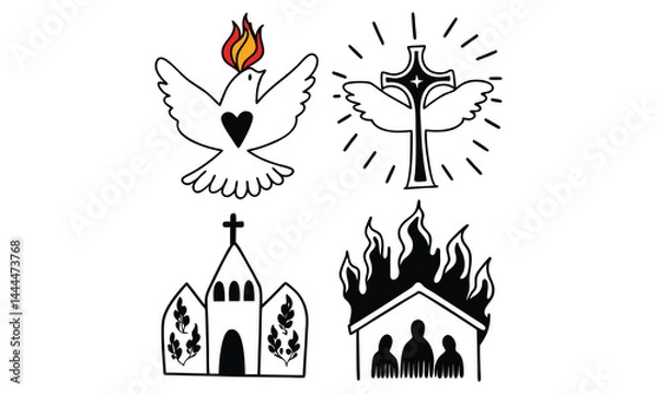 Fototapeta Religious symbols Church, flames, doves, hands, and wings.