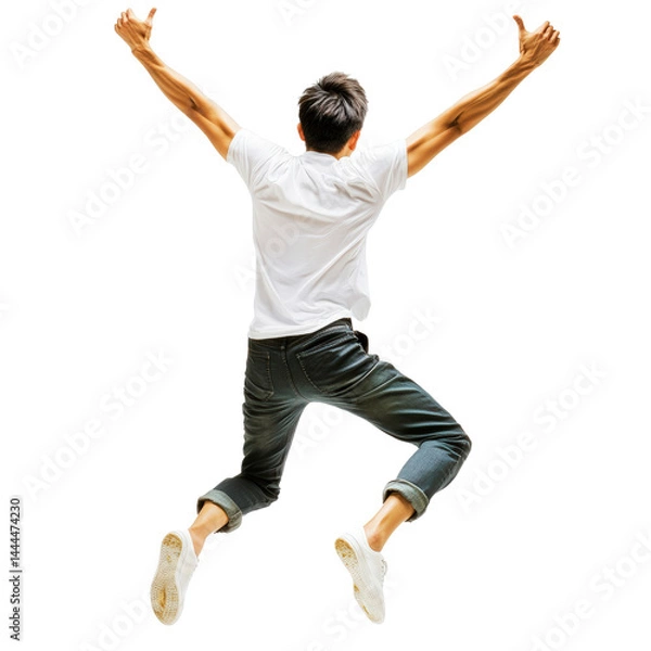 Obraz Young man jumping with arms raised in celebration or excitement, wea casual clothing and jeans, isolated on white background, full body shot, energetic pose