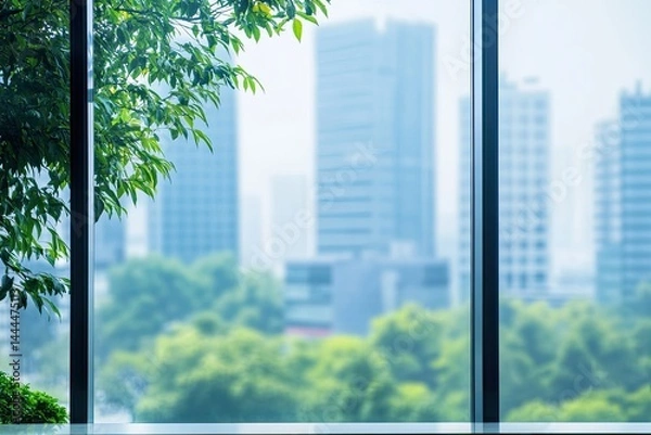 Obraz Cityscape view through a large window with greenery  Blurred city buildings and trees visible beyond the windowpane