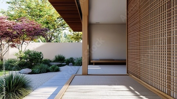 Obraz Modern japanese zen retreat serene garden architecture with bamboo accents for a calming atmosphere