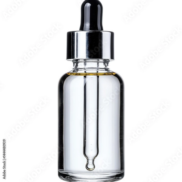 Obraz Close-up of a glass dropper bottle with a black cap and metallic collar on a plain white background, used for skin care products, essential oils, or medicines