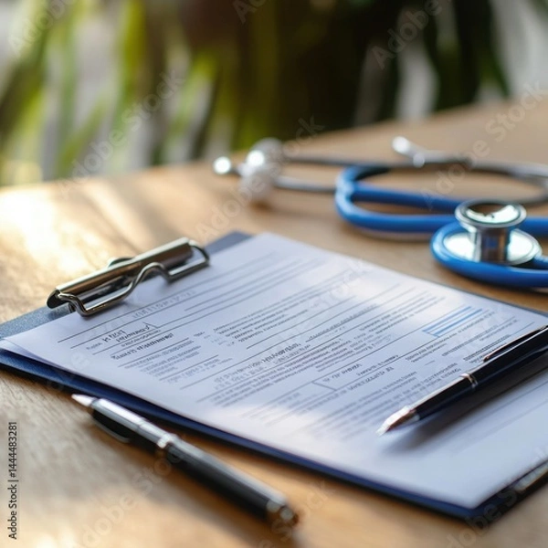 Fototapeta Medical form pen and stethoscope on a wooden desk signifying healthcare and patient consultation with soft