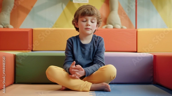 Fototapeta Young child with autism sitting calmly on textured sensory mat surrounded by soft foam blocks in muted colors, focused expression. Autism awareness, sensory play and learning, inclusive education conc