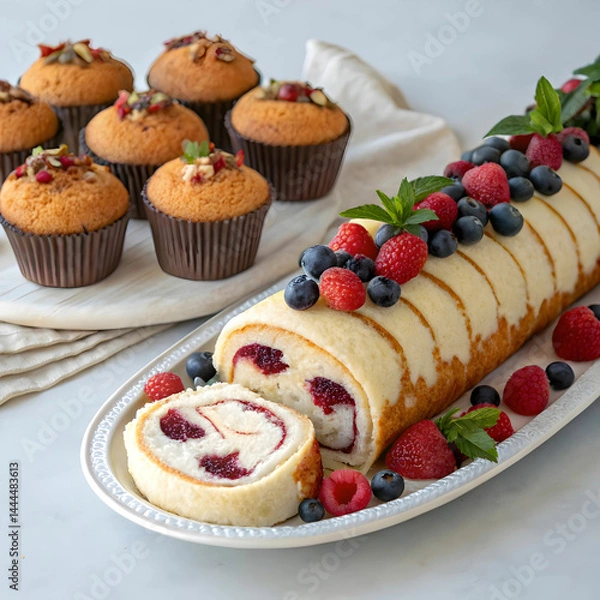 Obraz roll cake with berries on a platter with muffins
