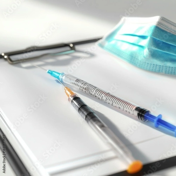 Obraz Two syringes rest on a clipboard near a face mask signifying vaccination and health protocols Soft light