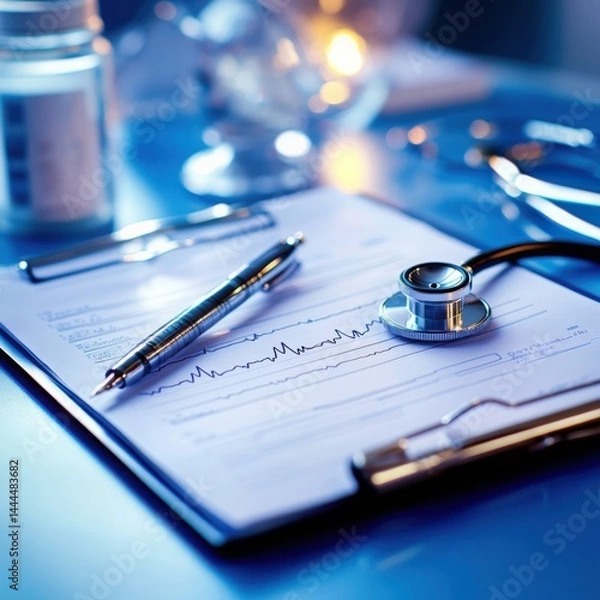 Fototapeta Medical chart with stethoscope and pen reflecting crucial patient data ECG readings and vital health