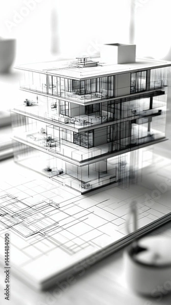 Fototapeta Building model of a modern geometric three-story home rendered with fine black and white lines