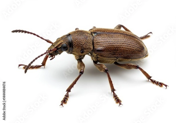 Fototapeta Close up of a brown weevil beetle with long antennae on a white background looking to the left