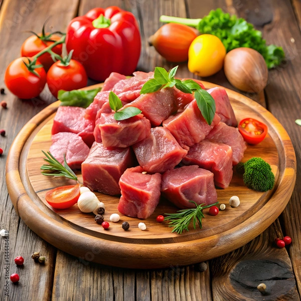 Obraz raw meat pieces and vegetables on wooden plate