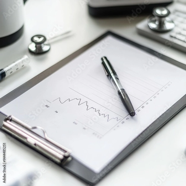 Fototapeta Medical chart with a fluctuating graph pen resting on the clipboard suggesting healthcare data analysis