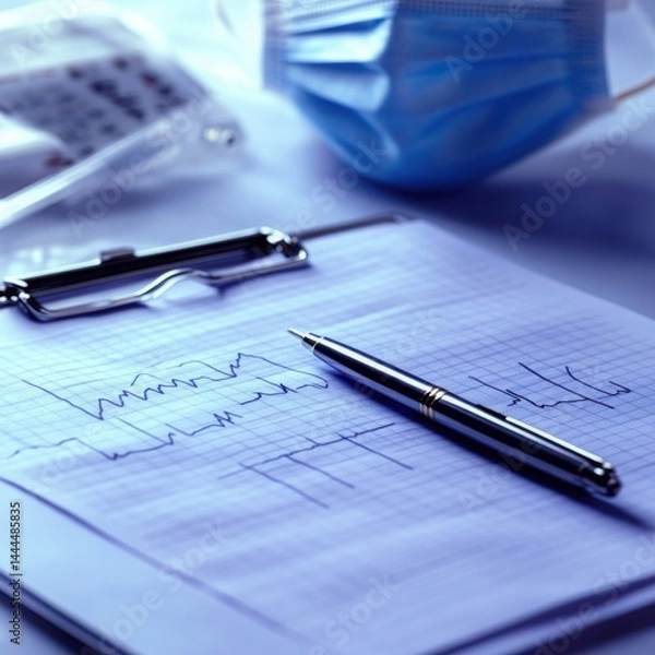 Fototapeta Medical chart review pen electrocardiogram data analysis cool blue tones soft light blurred background