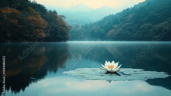 Fototapeta A serene image of a calm lake with a single water lily floating gently on the surface