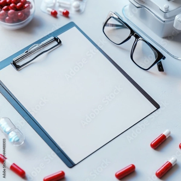 Fototapeta Blank medical prescription notepad with red capsules eyeglasses and pills on a white surface Clean