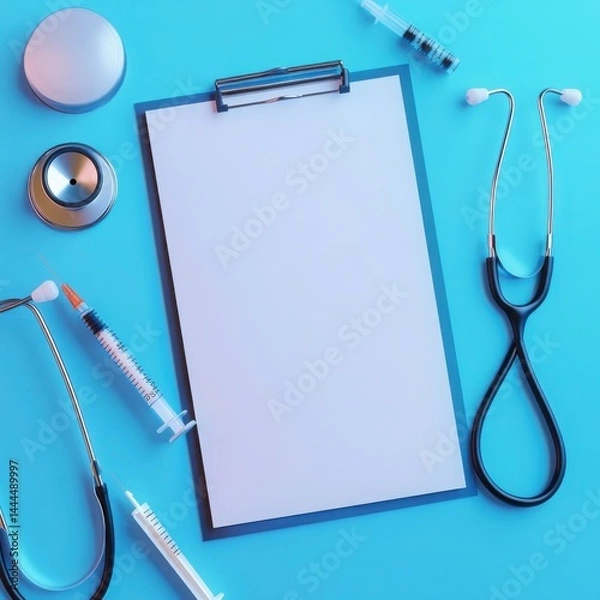 Fototapeta Medical checkup essentials Stethoscopes syringes clipboard ready for patient care on a vibrant blue