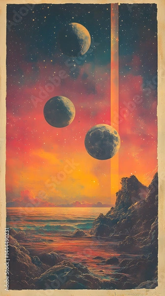 Fototapeta Three moons float above a rocky coast under a starlit sky bisected by a vertical strip of orange light