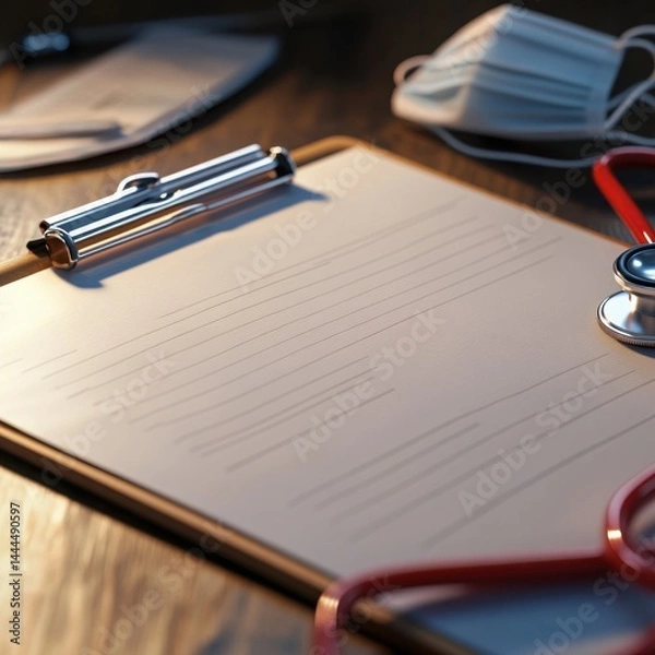 Fototapeta Blank medical clipboard with stethoscope and face mask ready for patient notes warm lighting wooden desk