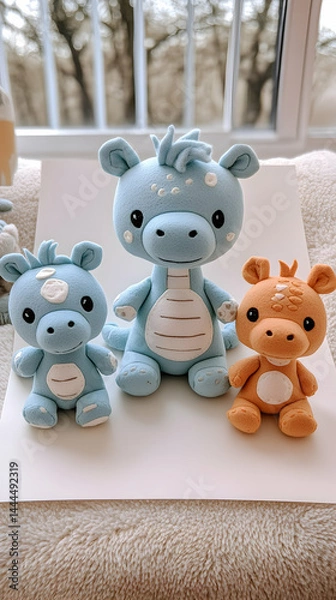 Fototapeta Three cute plush dinosaurs in varying blue and orange tones sit on a white surface near a fuzzy material