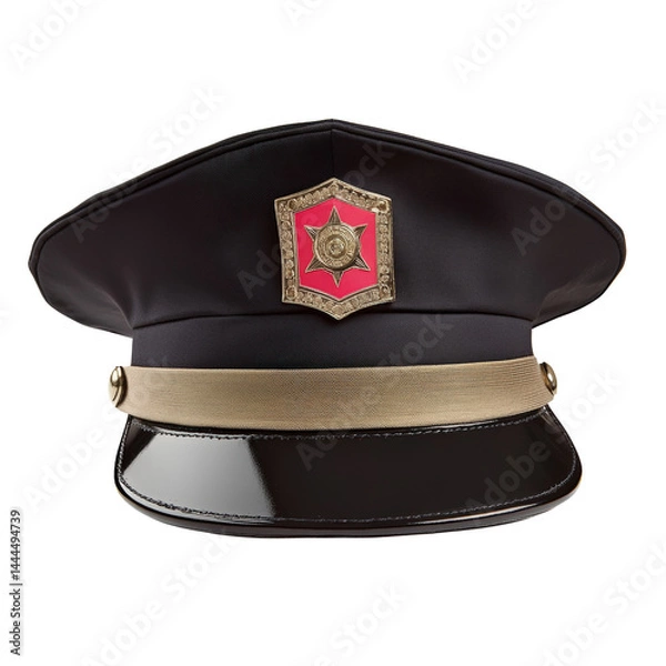 Obraz Classic police officer hat with black cap, gold emblem badge, beige band, shiny visor, and structured design, symbolizing authority and law enforcement