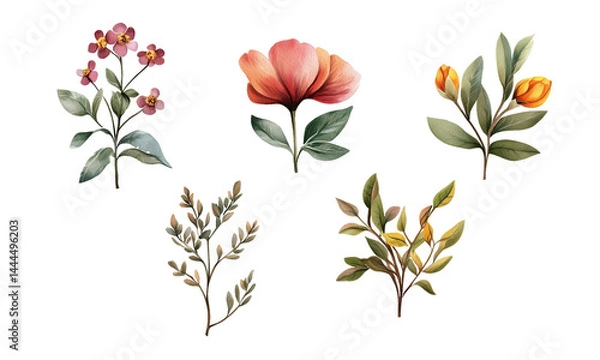 Fototapeta Watercolor illustration set of various spring flowers and leaves. Hand-painted botanical elements in soft pastel tones, perfect for wedding invitations, greeting cards, packaging, textile patterns