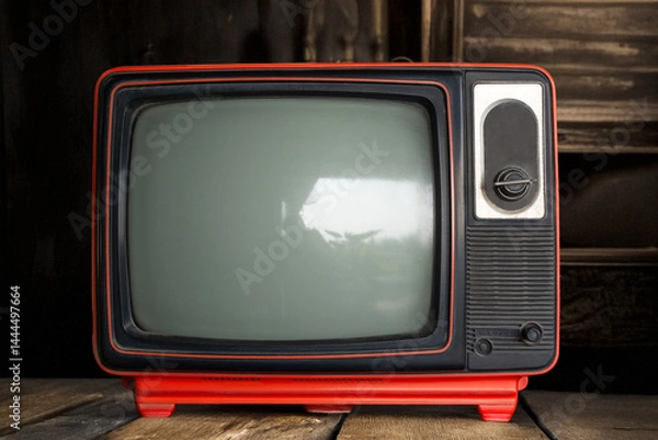 Obraz Vintage television stands against a wooden backdrop in a cozy room filled with nostalgia
