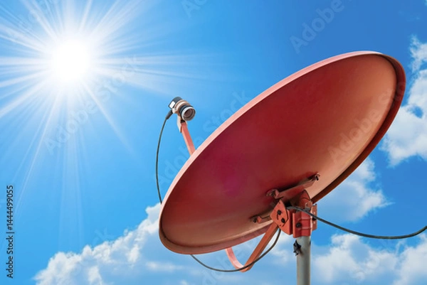 Obraz Satellite dish antenna against a clear blue sky with sunlight and clouds
