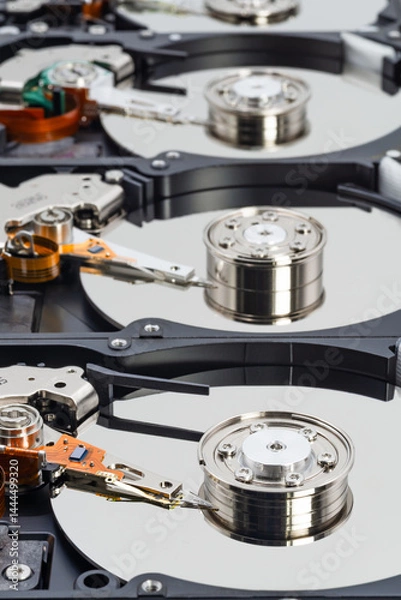 Fototapeta Closeup view of a harddisk array showcasing multiple disk drives and mechanical components