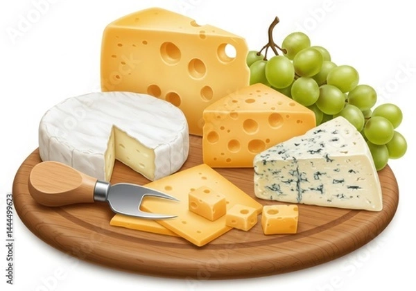 Fototapeta Cheese platter with grapes isolated on white background