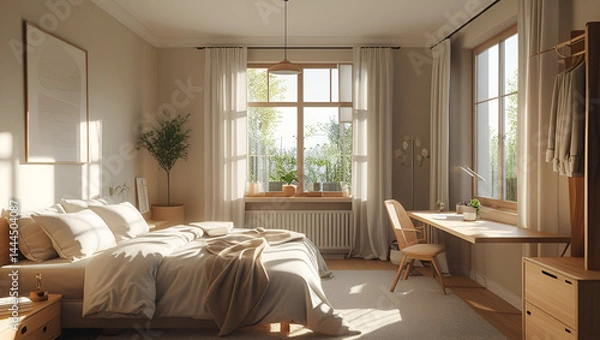 Fototapeta Sunlit bedroom with a cozy, neatly made bed and a minimalist workspace by the window, natural light streaming in, soft shadows