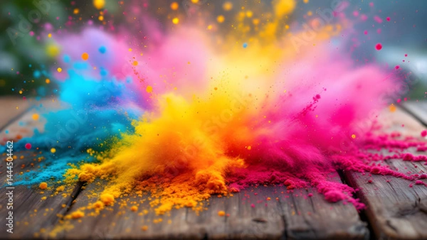 Fototapeta Colorful holi powder explosion on rustic wooden surface creates vibrant art
