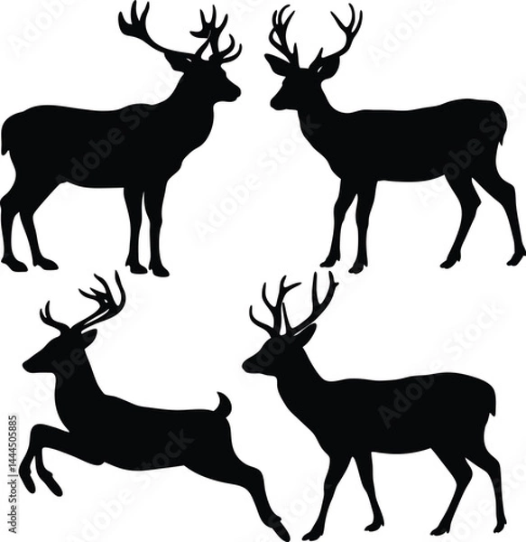 Fototapeta Silhouette deer with antlered stag profiles in black and white minimalist style – four elegant deer poses in symmetrical composition, vector wildlife illustration, forest animal art