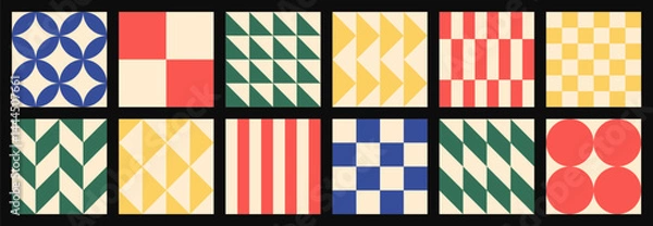 Obraz Big set of abstract modern seamless multicolor minimalistic large patterns of simple geometric shapes on black and light background; red, blue, yellow and green colors; flat style