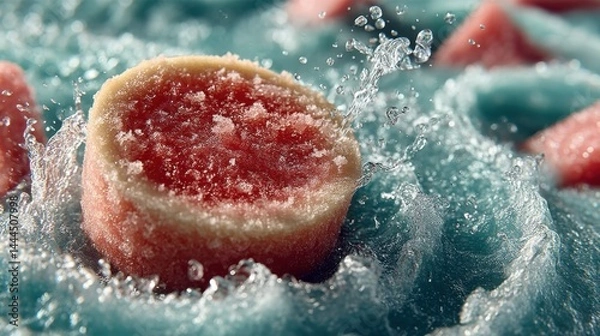 Fototapeta Refreshing watermelon gummy candy splashing in cool, flowing turquoise water.