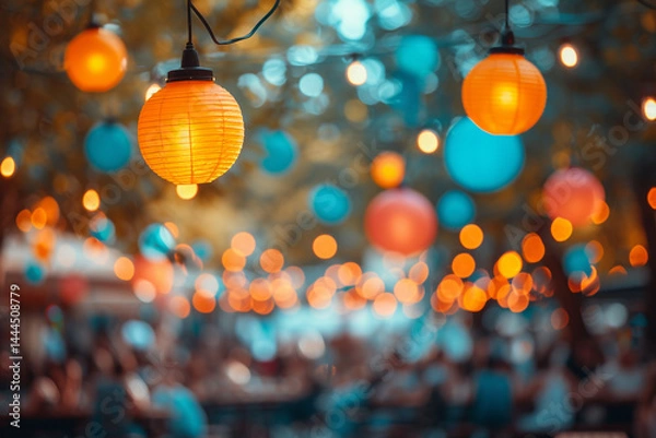 Fototapeta Vibrant and lively outdoor festival event party featuring a captivating blur of people in background, creating an atmosphere of excitement and celebration    