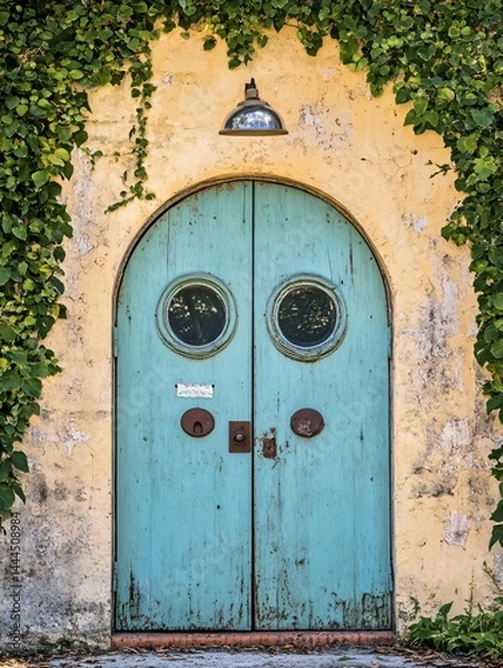 Obraz Rustic Charm: An Old Blue Door Adorned with Greenery and Arched Entrance